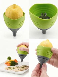 four pictures showing how to use a vegetable grater and slice the vegetables into small bowls