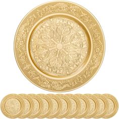 a set of six gold plates with intricate designs