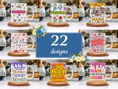 twelve coffee mugs with the number 22 on them, all decorated in different designs