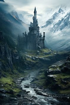 a castle in the middle of a mountain with a stream running between it and snow capped mountains behind it