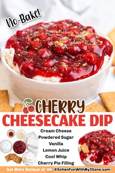 cherry cheesecake dip recipe in a white bowl with crackers and cranberry sauce