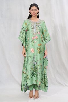 Light green kaftan with multi colored floral prints and embroidered yoke. Comes with solid pant. - Aza Fashions Green Kaftan, Anushree Reddy, Pants Pattern, Pant Set, Bat Wings, Set For Women, Aza Fashion, Silk Printing, Multi Colored