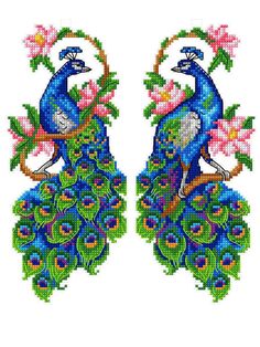 two cross stitch peacocks sitting on top of each other