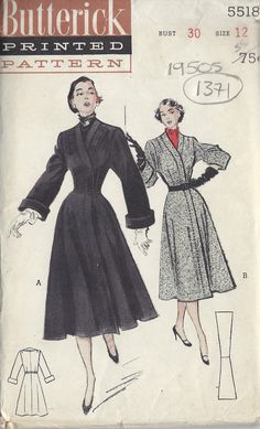 ~ Circa/Date: 1950s ~ Details:   TWO-STYLE VARIATION COAT with CARDIGAN NECKLINE ~ Size/Measurements:   ~ Size: 12     ~ Bust: 30″   ~ Waist: 25″    ~ Hip: 33″  (Inches) ~ Please Note: ~ You are buying a 'Professional Reproduced' copy of this sewing pattern. Copied from the original sewing pattern. Produced in Full Scale Pattern Pieces ready to cut with full instructions included. Reproduced on high quality 50 gm paper with black ink, durable and easier for reuse. Printed by a Professional Printing Company.   ~ With this product comes an accompanying 'Booklet' and inside the Booklet it includes: ~ A 2-page Instructions and Illustrations on 'How to Adjust Your pattern to your Personal Measurement.' ~ Personal Measurement Chart ~ Body Form Illustrations ~ Fitting Checklist ~ Metric Equivalen 1950s Coat, Vintage Vogue Sewing Patterns, Scale Pattern, Vintage Dress Patterns, Butterick Sewing Pattern, Motif Vintage, Wrap Coat, Couture Vintage, Coat Patterns