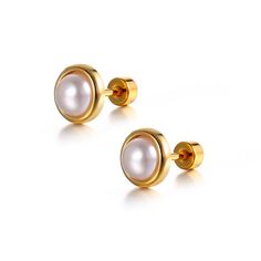 - Flat backs - 18k Gold Plated - Stainless Steel Filled - Water-resistant - Hypoallergenic Small Pearl Earrings, Trendy Stud Earrings, Flat Back Earrings, Silver Flats, Gold Pearl Earrings, Geometric Jewelry, Pearl Types, Modern Earrings, Pearl Stud Earrings