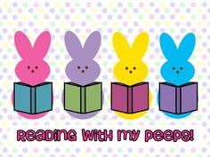 an easter card with three rabbits reading books and the words reading with my pees