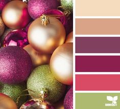 a color palette with christmas ornaments in shades of pink, green and gold ornament