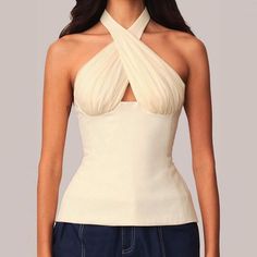 White Boned Bodice Top For Evening, Elegant Beige Sleeveless Halter Top, Elegant Sleeveless Beige Halter Top, White Fitted Feminine Halter Top, Feminine Fitted Halter Top For Evening, Elegant Fitted Silk Halter Top, Elegant Silk Halter Top For Summer, Fitted Halter Neck Top For Wedding, Elegant Silk Halter Top For Formal Occasions