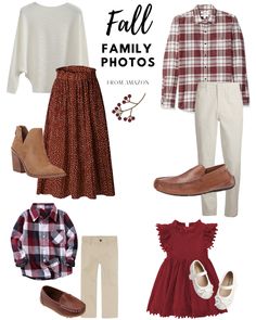 some clothes and shoes are shown with the words fall family photos written below them in black