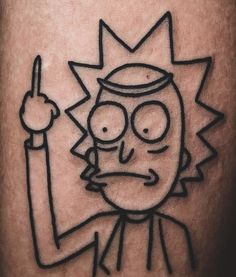 a cartoon character holding a knife and pointing at something on his arm with the word rick in it