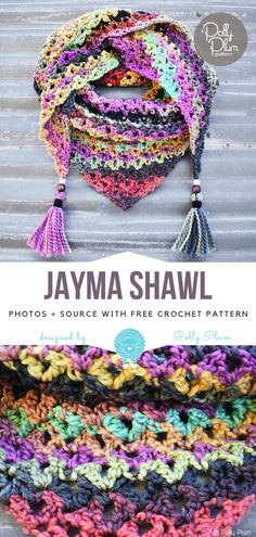 a crocheted shawl with tassels on top and the words, jayma shawl above it