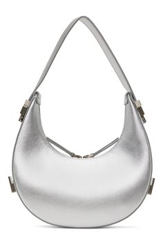 OSOI: Silver Mini Toni Bag | SSENSE Handheld Silver Leather Shoulder Bag, Silver Shoulder Bag With Top Handle And Detachable Handle, Modern Handheld Silver Shoulder Bag, Modern Silver Handheld Shoulder Bag, Silver Evening Bag With Zipper Closure, Silver Leather Top Handle Shoulder Bag, Elegant Silver Textured Leather Bag, Silver Handheld Shoulder Bag With Silver-tone Hardware, Silver Top Handle Shoulder Bag