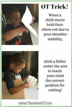 two pictures with the same image and text on them that says, when a child starts to hold their elbow out due to poor shoulder stability