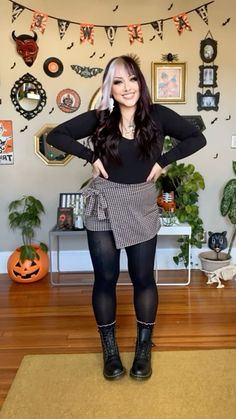 black vneck long sleeve from walmart, skort from ross, frilly socks from vans, boots doc martens Dresses To Wear With Doc Martens, Cute Fall Outfits Alt, Doc Martens Socks Outfit, Halloween Costumes With Doc Martens, Casual Band Tee Outfit, Boots With Socks Outfit, Black Long Sleeve Dress Outfit, Elder Emo Outfits, What To Wear With Doc Martens