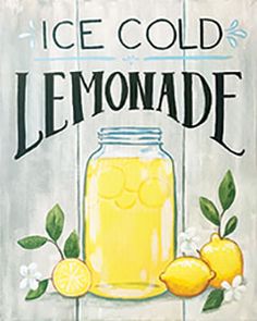 a sign that says ice cold lemonade with two lemons on the front and side