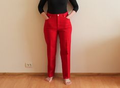 "Ralph Lauren Pants Red Pants Red Women's Pants Red Denim Pants Denim Trousers Red Ralph Lauren Denim Pants Jeans Pants High Waist Shown on model M/L Label size: 12 Measurements(lying flat): Waist: 16.5\"/ 42 cm Length: 41\"/ 104 cm Inseam: 29.5\"/ 75 cm From crotch to waist line: 12\"/ 30.5 cm Hips: ~20.5\"/ 52 cm Condition: Great Vintage Condition Material: 99% cotton,1% lycra Please check measurements to insure a proper fit. Remember to allow yourself some extra room for movement. You can com Red Stretch Straight Leg Pants, Red Straight Leg Fitted Bottoms, High Waist Red Pants With Pockets, Red Fitted Straight Leg Bottoms, Red High Waist Pants With Pockets, Red Mid-rise Jeans With Five Pockets, Fitted Red Cotton Pants, Red Fitted Cotton Pants, Red Mid-rise Jeans