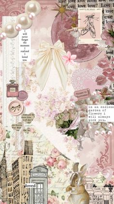 a collage with pink flowers, pearls and other things on it's side