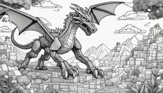 a black and white drawing of a dragon in the middle of a cityscape