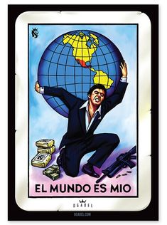 a card with a man holding up a world globe and money on the bottom, in spanish