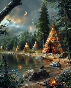 a painting of a teepee in the woods by a lake with campfires