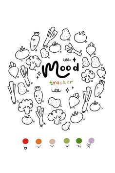 the words mood are written in black and white, surrounded by doodled food items