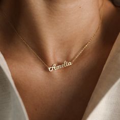 "D A I N T Y ∙ N A M E ∙ N E C K L A C E * Material: High Quality Solid 925 Sterling Silver * Dimensions: Depending on your font choice, height sizes range from 3mm to 4mm lowercase. * Finish: Sterling Silver ∙ 18K Gold ∙ Rose Gold * All our jewelry is custom made by hand with Love and Care in our workshop ♡ H O W ∙ T O ∙ O R D E R * Simply use the 'PERSONALIZATION BOX' to let us know the NAME and the FONT NUMBER that you would like. (Any font is available, not just our featured fonts) NAME + FO Solid Necklace, Gold Font, Inexpensive Jewelry, Name Necklaces, Gold Name Necklace, Mens Jewelry Necklace, Personalized Gifts For Mom, Custom Name Necklace, Cute Necklace