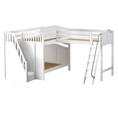 TREBLE WC : Multiple Bunk Beds Full High Corner Loft Bunk Bed with Ladder + Stairs - L Slat Stairs, Panel Stairs, Loft Bunk Bed, Corner Loft, Attic Bed, Loft Bunk, Sibling Room, Bunk Bed Ladder, Ladder Stairs