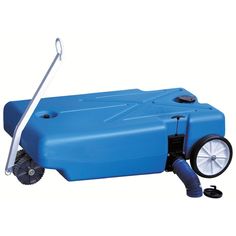 a blue plastic water tank with a hose attached to the side and wheels on it