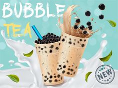 bubble tea with milk and blackberries in paper cups on blue background, 3d illustration