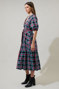 Get a sweet look for an evening out with the Winston Plaid Wynette Tiered Midi Dress. Voluminous puff sleeves highlight a split neckline that leads to a functional button front. A tie sash wraps around the waist, adding shape to a single tier midi skirt. Wear it with boots or heels for a perfect look. - Split neck- Button front- Tie belt- Tiered- Color: Multi PlaidSize + Fit - Model is 5'11" and wearing size XS- Measurements taken from size S - Chest: 19 3/4"- Length: 49" Fabric Self: 100% Cotto Tiered Midi Skirt, Tiered Midi Dress, Tie Belt, Cotton Style, Puff Sleeves, Pink And Green, Puff Sleeve, New Dress, Midi Skirt