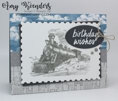 a handmade birthday card with a train on the front and words that say happy birthday wishes