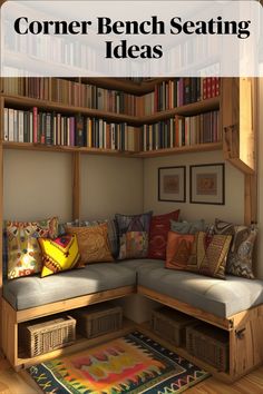 Integrate bookshelves above or beside your corner bench for a cozy reading nook. Diy Book Corner Reading Areas, Seating Corner In Bedroom, Corner Bookshelf With Seat, Wooden Reading Nook, Reading Bench Nook, Diy Reading Bench, Built In Entry Bench, Corner Seating Ideas, Comfy Corner Cozy Nook