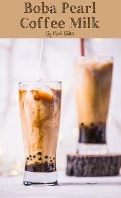 boba pearl coffee milkshake is served in two tall glasses