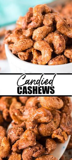 two bowls filled with candied cashews sitting next to each other