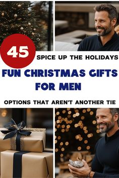 a collage of christmas gifts for men with the words, spice up the holidays fun christmas gifts for men options that aren't another tie