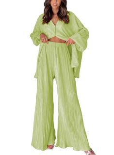 PRICES MAY VARY. 2 Piece outfits for women includes a pleated long sleeve button down shirt and a pair of high waist palazzo pants. Pleated button down shirt features collared style, long sleeves with buttoned cuffs, functional front buttons, lettuce hem. Pleated palazzo pants features ankle length, relaxed fit, thick elasticated waistband, high waist, wide-leg style, lettuce hem. Material: Womens loungewear set is made of Plisse which is lightweight, breathable and wrinkle free. The premium fab Loungewear Outfit, Womens Loungewear Sets, Cute Modest Outfits, Pleated Tops, Silk Pants, Loungewear Set, Set Outfit, Outfits Casual, Womens Loungewear