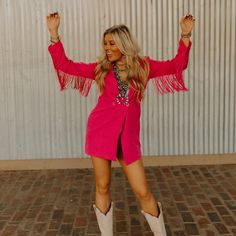 Pink Fringe Rodeo Blazer Dress Hot Pink Cowgirl Outfit, Hot Pink Western Outfit, Glam Cowgirl Outfit, Nfr Outfits For Vegas Cowgirl Fashion, Black Blazer Style, Blazer Dress Outfits, Fringe Blazer, Nfr Outfits, Vegas Outfits