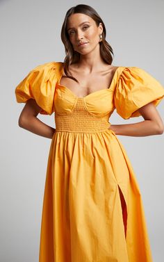 Raiza Midi Dress - Shirred Waist Puff Sleeve Dress in MARIGOLD | Showpo USA Fitted Puff Sleeve Dress With Elastic Shoulders, Yellow Fitted Dress With Gathered Sleeves, Fitted Yellow Dress With Gathered Sleeves, Summer Daywear Puff Sleeve Dress With Ruched Bodice, Puff Sleeve Dress With Smocked Fitted Bodice, Fitted Yellow Puff Sleeve Mini Dress, Fitted Dress With Elastic Shoulders For Daywear, Daywear Puff Sleeve Dress With Ruched Bodice, Puff Sleeve Dress With Fitted Bodice And Smocked Back