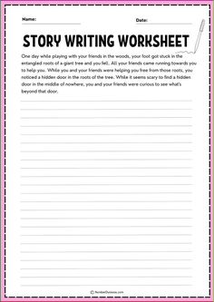 the story writing worksheet is shown in pink and white with black lines on it