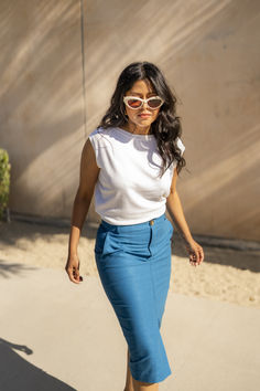 Conveniently pocketed for modern utility, this fitted pencil skirt steps out with a sleek front slit. Front zip with button closure. Front vent. Style inspiration by our Ann Taylor community. Summer Denim Pencil Skirt With Pockets, Summer Pencil Skirt With Button Closure, Blue Relaxed Lined Pencil Skirt, Non-stretch Casual Denim Pencil Skirt, Blue Relaxed-fit Midi Pencil Skirt, Style Crush