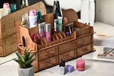 This makeup organizer can help sort the many products into efficient storage spaces that also happen to be easy on the eyes. Can be conveniently stored in bathroom vanities, vanity desks, dressers, and tabletops, etc Storage Container can also be an awesome organizer for makeup products, like foundation, lipstick, mascara, palettes. Make up organizer can be a perfect gift for birthday, Mother day, Christmas, and any other holidays. For a girl it is very important to have everything close by hand Vanity Makeup Storage, Vanity Desks, Organizer For Makeup, Wood Organizer, Makeup Stand, Makeup Organization Vanity, Makeup Organizers, Ginger Oil, Women Lipstick