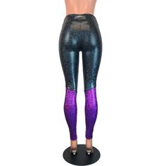 "**Due to SO MANY issues with USPS - we STRONGLY ENCOURAGE you to purchase the UPS Upgrade with your order located here: https://www.etsy.com/listing/926751536/ups-upgrade Made of stretchy black holographic shattered glass spandex with purple holo shattered glass spandex on the bottom of the leggings. These mid-rise leggings will fit you perfectly. The inseam measurements for these are 30\" from the crotch to the bottom hem. If you need them shorter or longer, please say so in the comments! Wome Fitted Edgy Purple Bottoms, Edgy Fitted Purple Bottoms, Stretch Purple Club Bottoms, Stretch Purple Bottoms For Club, Purple Stretch Bottoms For Club, Stretch Rave Bottoms For Streetwear, Purple Rave Festival Bottoms, Trendy Purple Bottoms For Festival, Black Holographic