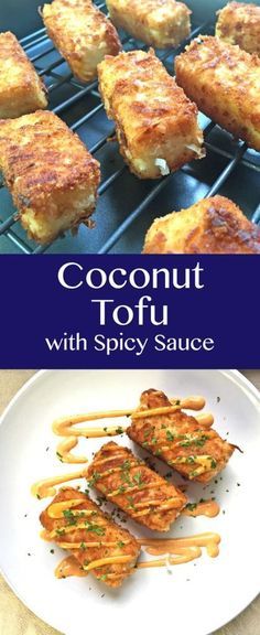 coconut tofu with spicy sauce on a plate and in the background is an image of chicken skewers