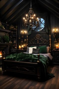 Dark cottagecore room with black walls, cabin-shaped roof, emerald green blanket, black and bronze accents, cozy fireplace, hardwood floors. Cozy and enchanting ambiance. Dark Academia Bedroom Ideas Modern, Vampire Room, Goth Interior, Dark Academia Bedroom, Dark Green Rooms, Dark Cozy Bedroom, Academia Bedroom, Funky Bedroom, Gothic Bedroom