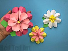 someone is holding three paper flowers on a blue surface with one flower in the middle