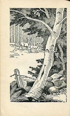 an old black and white drawing of a tree in the woods with deer behind it