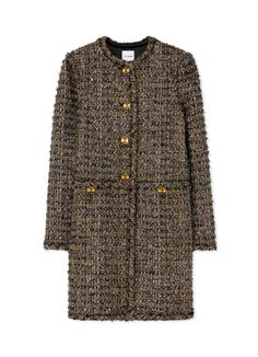 ST. JOHN - $2895.00 | An iconic St. John style, this long jacket in French metallic eyelash tweed knit showcases the detailed craftsmanship of the unique weave, in this timeless style that boasts gold button accents. #ad Tweed Dresses, Tweed Jackets, Formal Evening Wear, Denim Accessories, Jacket Long, Tweed Dress, Long Jacket, Ballet Flat Shoes, Fall 2024