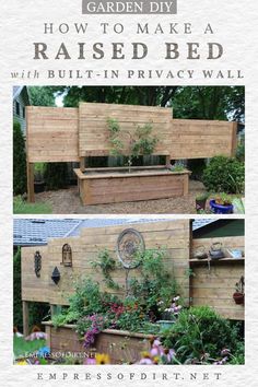 an outdoor garden area with raised beds and plants in the center, along with text overlay that reads how to make a raised bed with built - in privacy wall