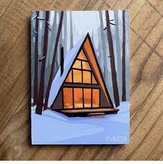 an acrylic painting of a cabin in the woods with snow on the ground