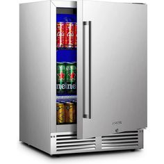 a stainless steel refrigerator with soda cans in it